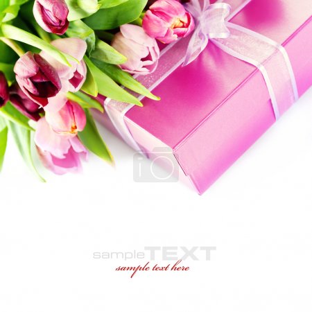 Pink tulips and gift box
