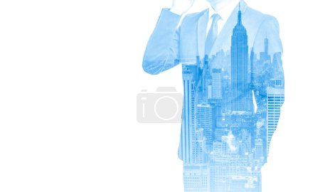 double exposure of business man with mobile phone and city buildings background. abstract design idea