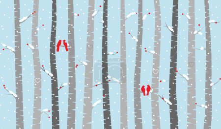 Vector Birch or Aspen Trees with Snow and Love Birds