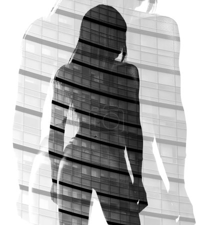 Double exposure of woman back and skyscraper black and white