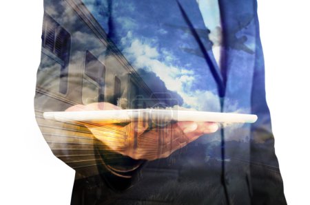 Double Exposure of BusinessMan Hold Tablet and Train, Airplane