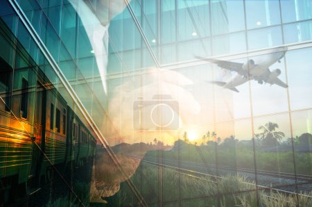 Double Exposure of BusinessMan write something and Train, Airpla