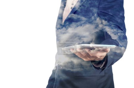 Double Exposure of Businessman with Wireless Tablet Device and C
