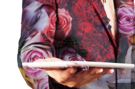 Double Exposure of Businessman with Tablet Device and Bunch of F