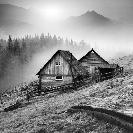 Mountain Carpathian village. Black and white