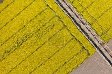 Aerial view of burying gas pipe in a country harvest fields