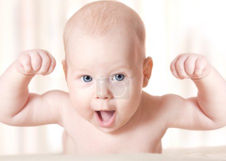 Strong Baby Laughing, Hands raised up. Smiling Child Face