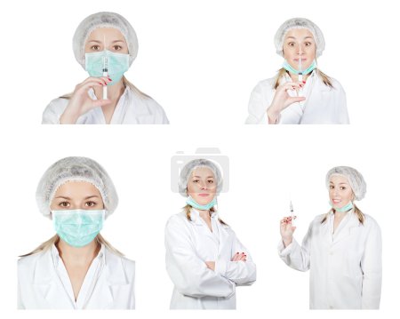 Collection set of images girl medic-nurse. Isolated on white.