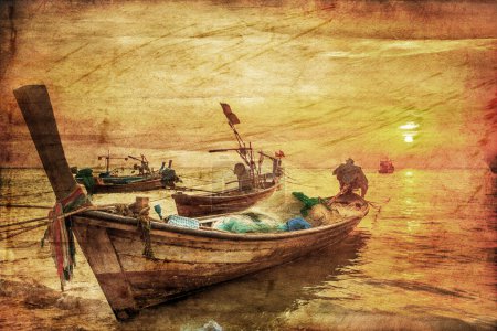 Boats in the tropical sea in retro style