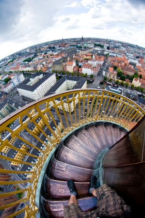 Steep spiral stairs above the city
