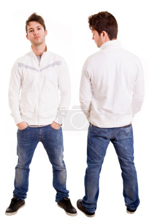 Front and back of a young casual man full body standing isolated over white