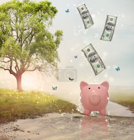 Dollar bills falling in or flying out of a piggy bank in a magical landscape