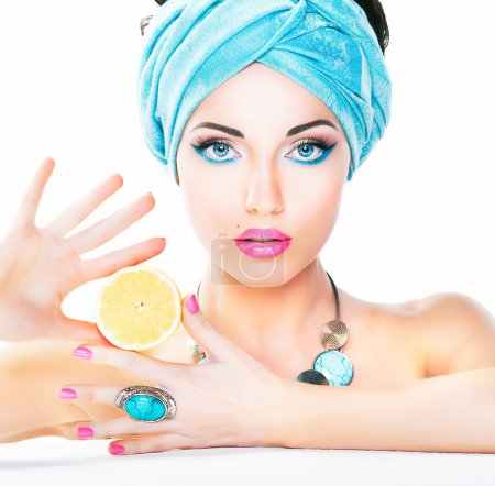 Healthy eating, health care. Nutrition. Beauty woman, lemon