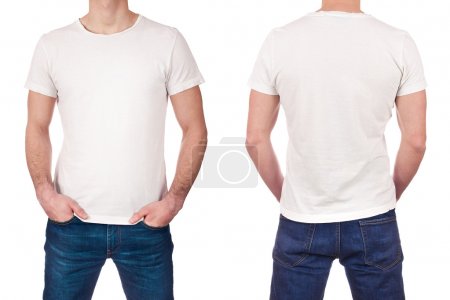 Front and back view of young man wearing blank white t-shirt isolated on white background