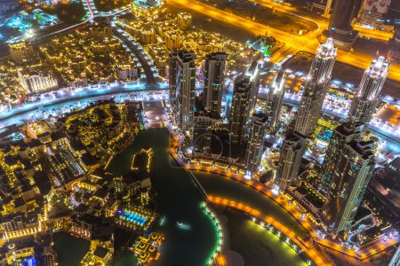 Panorama of city centre in Dubai at night, UAE