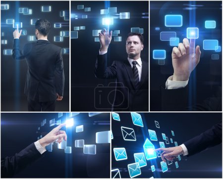 Set of business man and hands pushing a button on a touch screen interface