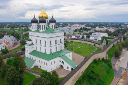 Aerial panorama view of Pskov Kremlin and Trinity Cathedral church, Russia