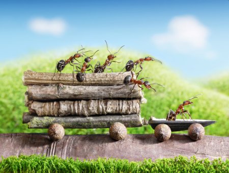Team of ants carry wooden logs with trail car, teamwork, ecofriendly transp