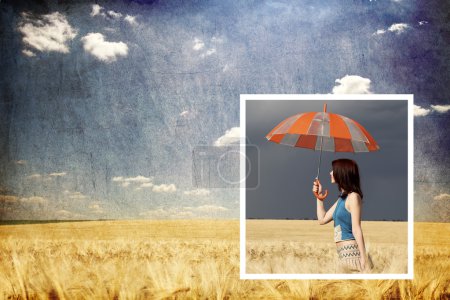 Collage photo. Girl with umbrella in storm at wheat field inside