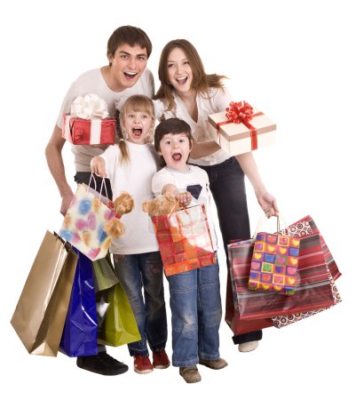 Happy family and children shopping.