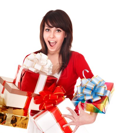 Beautiful girl in red with group gift box.