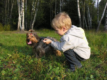 Child with dog sundown wood