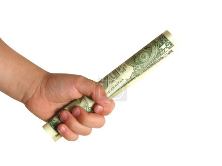 Boy's hand with first dollar