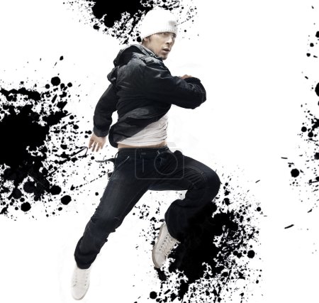 Hip Hop dancer jumping, over abstract splash background