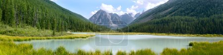 Panoramic summer view of mountains and lake in Altay, Russia