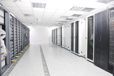 Internet network server room with computers racks and digital receiver for digital tv
