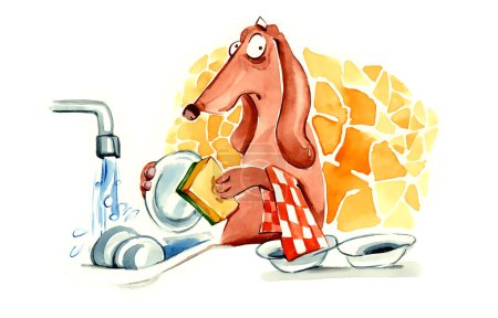Dog washing the dishes