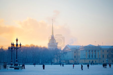 Cathedral in snow in the frosty evening