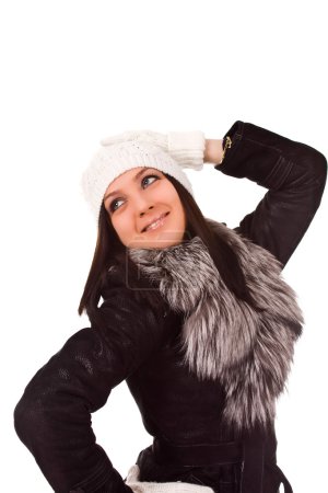 Photo of female with winter clothes on white isolated background
