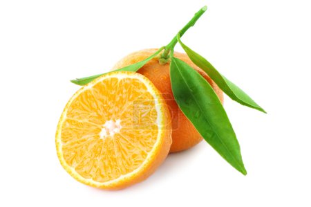 Ripe tangerine with green leaves.