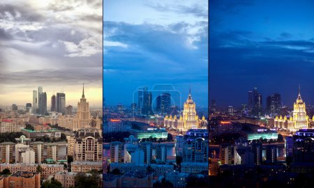 Aerial Moscow city collage at evening and night