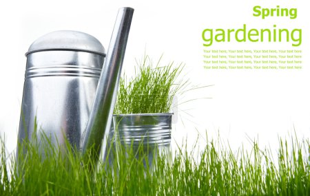 Watering can with grass and garden tools on white