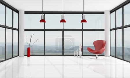 Red armchair in a glass house - rendering , the image on background is a my photo