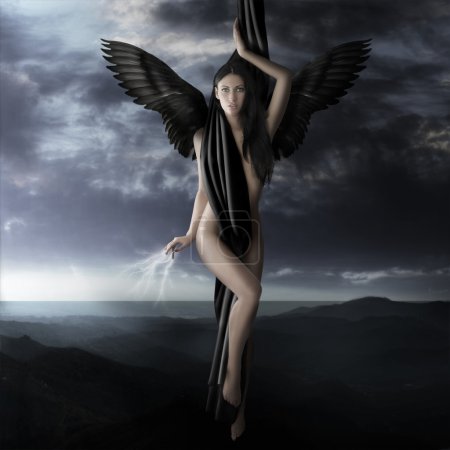 naked black angel flying to heaven in a lightning night sky