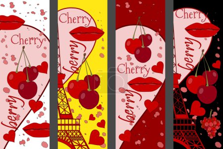 Collage from the Eiffel Tower, a cherry and a kiss. Set romantic collages. Paris. France. Contemporary art. Vector illustration.