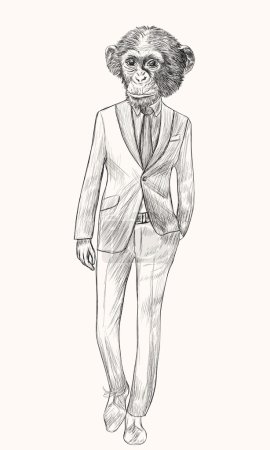 Sketch Monkey in suit. Businessman style. Hand drawn illustratio