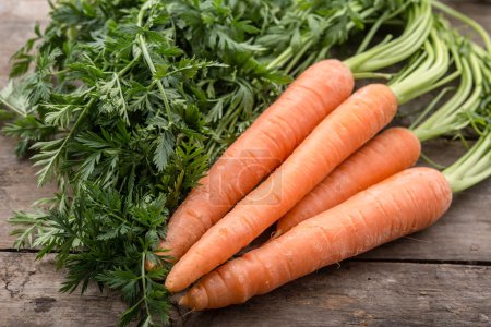 Fresh and ripe carrots on wooden background