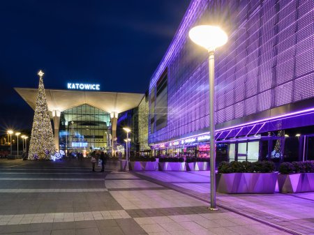 The newly created Galeria Katowice and railway station  in Katowice decorated by the christmas lights