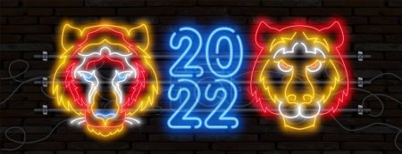 Neon tiger 2022 number icon. Happy New Year of the Blue Water Tiger. Orange neon style on black background. Light icon