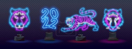 Set of neon blue water tiger 2022. Neon Chinese new year 2022 year of the tiger, line art character, neon style on black background.