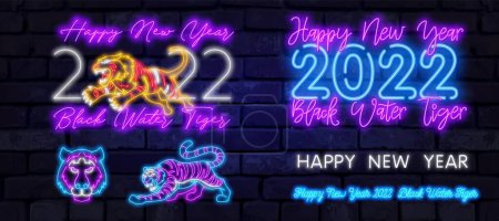 Neon tiger 2022. Happy New Year of the Blue Water Tiger. Orange neon style on black background. Vector illustration in neon style.