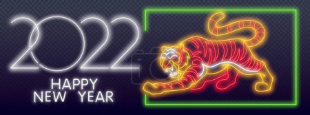 Happy New Year of the Blue Water Tiger. Orange neon style on black background. Light icon. Neon tiger 2022. Wild animal, zoo, nature design.