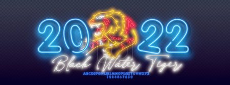 Neon blue water tiger 2022. Wild animal, zoo, nature design. Glowing neon tiger and the numbers 2022 in neon style