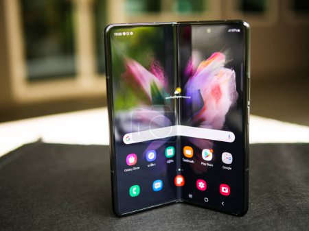 Bangkok, Thailand - August 11, 2021: Samsung officially launches the latest foldable flagship smartphone, the Samsung Galaxy Flip 3.