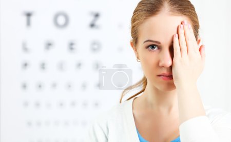 eyesight check. woman  at doctor ophthalmologist optician