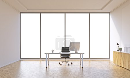 Office for one with table and closed shelf. Panoramic window. Concept of work. Mock up. 3D render
